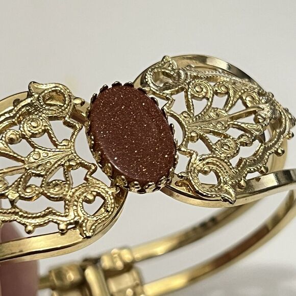 Vintage Metal Gold Filigree Clasp Bracelet with shimmer brown  stone - Picture 1 of 5
